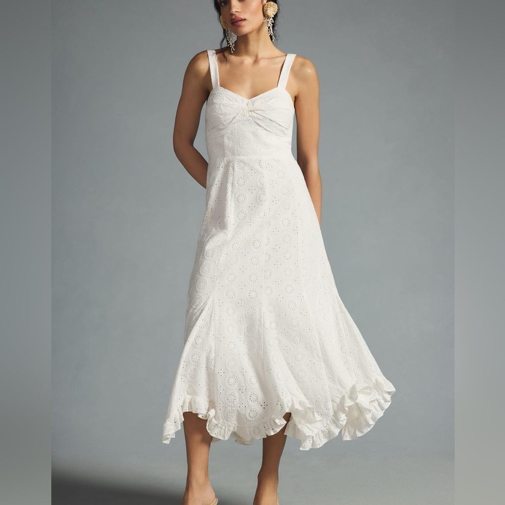 Anthropologie Hutch Printed Twist Front Ruffle Hem Dress in White